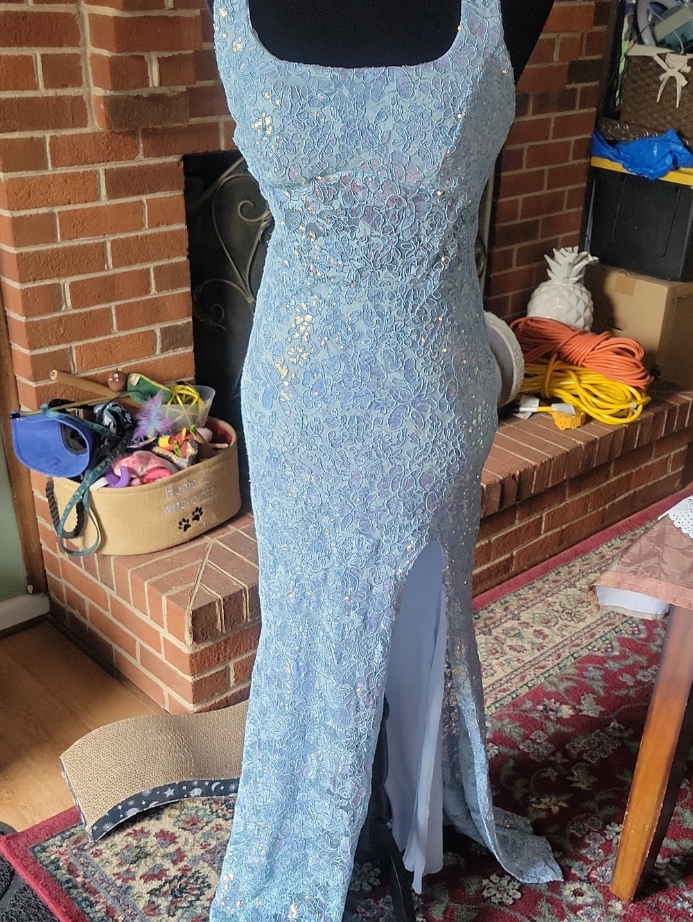 Light Blue Lace Sequin Prom Gown with Front Slit